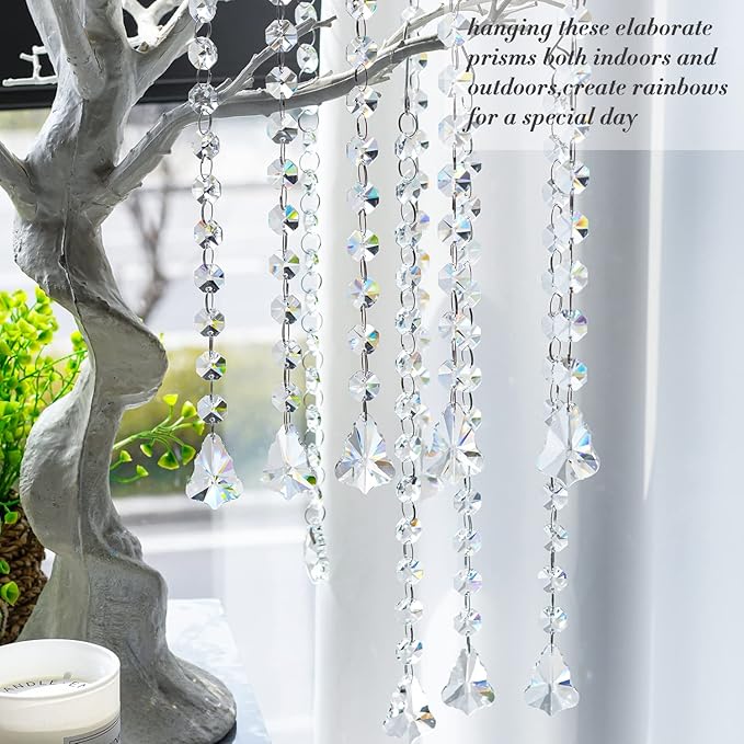KANPURA 1ft Crystal Garland Strands,Hanging Chandelier Maple Leaf Crystals with 14mm Clear Octagon Chain Decorations for Christmas, Winter Party,Chandelier Centerpiece(10 Pack)