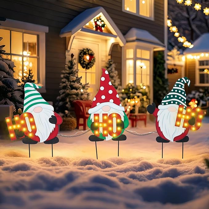 WONDER GARDEN 3 PCS Christmas Yard Signs Christmas Decorations Outdoor, Metal Xmas Yard Stakes Gnomes Lawn Decor, Xmas Garden Stakes with Led Lights for Patio Pathway Outside Decorations