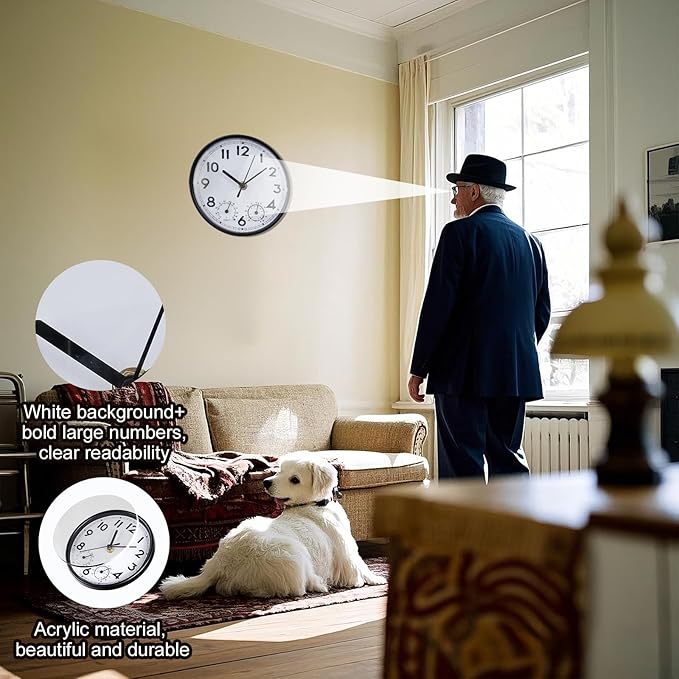 Indoor Outdoor Clocks Waterproof, Decorative Wall Clocks with Temperature and Humidity, Non Ticking Round Wall Clock Battery Operated for Patio Garden Home