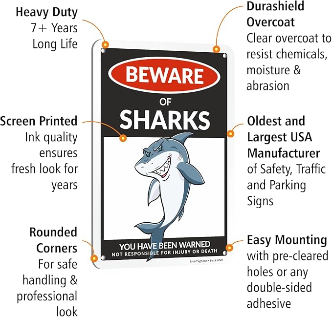 SmartSign Funny Beware Of Sharks Warning Sign - 10"x7", 40 mil Laminated Rust-free Aluminum - Metal Signs for Boys Room Wall Decor, Outdoors, Patio, Gifts, Cafe - Sharks Theme, Made in USA