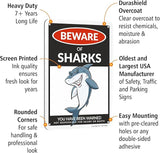 SmartSign Funny Beware Of Sharks Warning Sign - 10"x7", 40 mil Laminated Rust-free Aluminum - Metal Signs for Boys Room Wall Decor, Outdoors, Patio, Gifts, Cafe - Sharks Theme, Made in USA