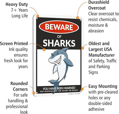 SmartSign Funny Beware Of Sharks Warning Sign - 10"x7", 40 mil Laminated Rust-free Aluminum - Metal Signs for Boys Room Wall Decor, Outdoors, Patio, Gifts, Cafe - Sharks Theme, Made in USA