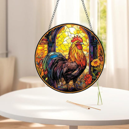Rooster Acrylic Window Hanging, Colourful Cockerel Farm Animal Stained Acrylic Window Decor Hanging Ornaments Indoor Outdoor Garden Stained Art Panel Gift for Women Christmas Thanksgiving