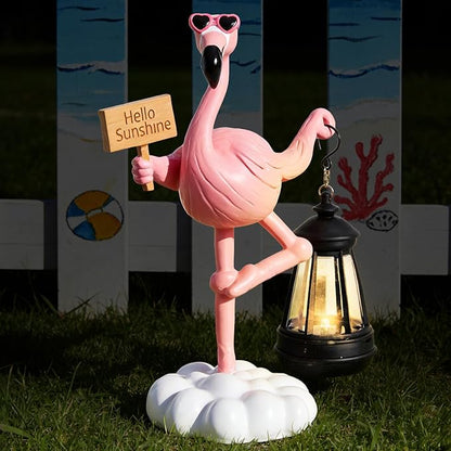 WDS WONDROUS Solar Flamingo Garden Statue Decor with LED Lights Pink Flamingo for Yard Porch Outdoor Statue Patio Lawn Balcony Decor Flamingo Lamp Birthday Gift for Woman Grandma Outside Sulptures