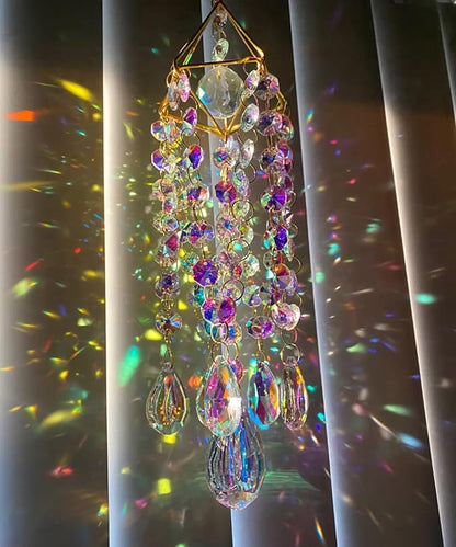 Crystal Sun Catcher Hanging Suncatchers Crystal Prisms Wind Chime Room Decor for Garden Home Windows Decoration (Colorful Gold)