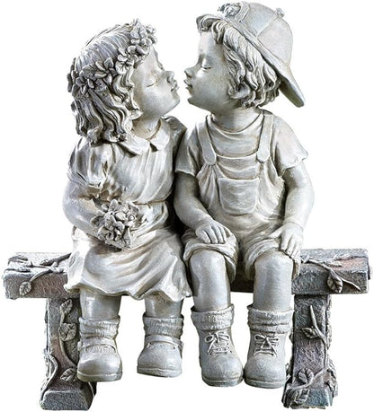 Garden First Kiss Outdoor Statue Decorative, Flower Bed Decor Puppy Love Kissing Couple,Boy and Girl Kissing Garden Figurine for Yard Patio Art