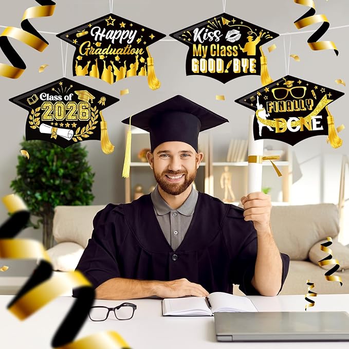 Chunful 12 Pack Graduation Yard Signs Grad Decoration 2026 Happy Graduate Lawn Garden Sign with Stake Congrats Outdoor Plastic Cap Hanging Ornament for Class Pathway Walkway Porch Party(Black)