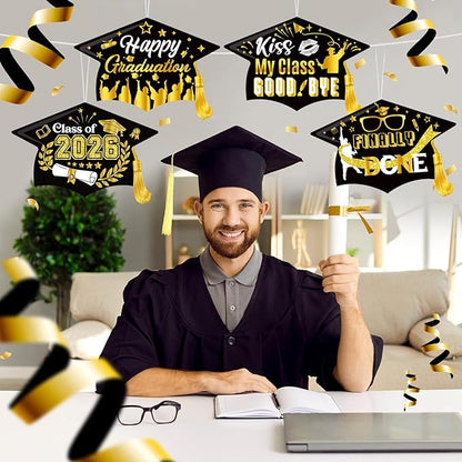 Chunful 12 Pack Graduation Yard Signs Grad Decoration 2026 Happy Graduate Lawn Garden Sign with Stake Congrats Outdoor Plastic Cap Hanging Ornament for Class Pathway Walkway Porch Party(Black)