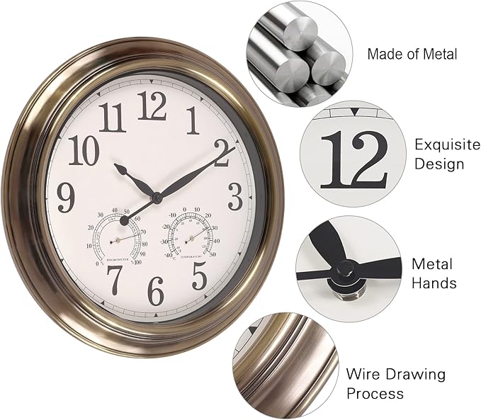 16 Inch Outdoor Clocks, Metal-Frame Outdoor Clocks Waterproof, Silent Outdoor Wall Clock for Patio Pool, Bronze