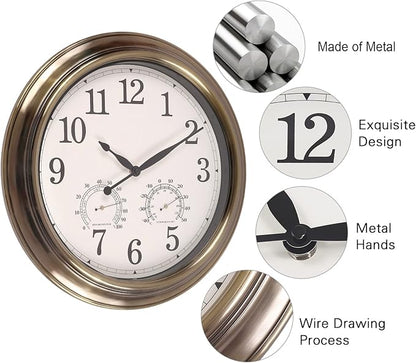 16 Inch Outdoor Clocks, Metal-Frame Outdoor Clocks Waterproof, Silent Outdoor Wall Clock for Patio Pool, Bronze