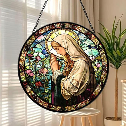Funoasis Stained Glass Window Hanging 6.3 Inches Suncatcher - The Virgin Mary Prays in The Garden Ornaments Sun Catcher Home Decor Women Birthday