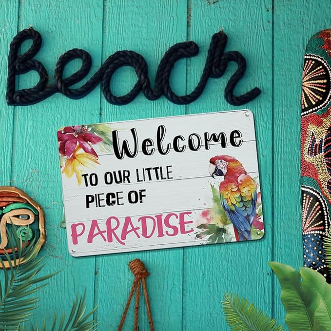 YOYI ART Patio Decor Pool Decorations Outdoor Tiki Bar Signs - Welcome To Our Little Paradise Sign, Beach Metal Tin Sign, Vintage Garden, Patio, Pool, Backyard Decor Wall Art Accessories, 12 x 8 Inch