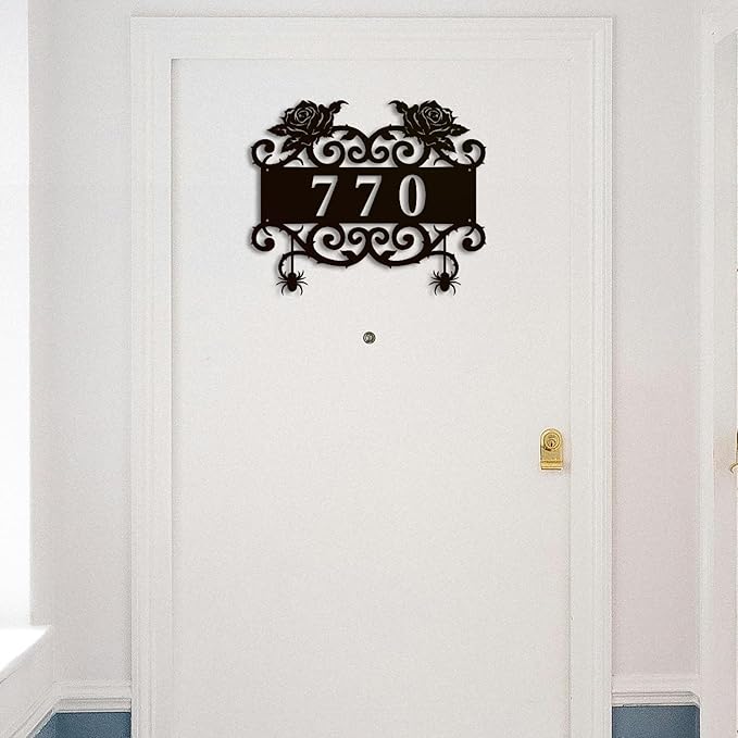 Personalized Gothic House Number metal Signs,Custom Address Number Metal Wall Art Decor,Black Plaques Outdoor wall Decorative Signage,Shed(8-30 Inches) (Rose A)