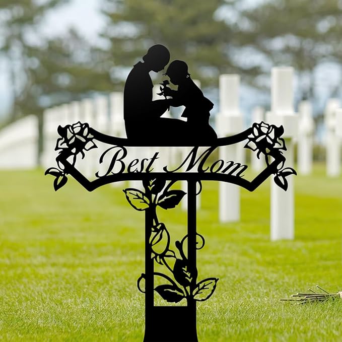 Rustic Metal Cross Memorial Stake, Mom Dad Grave Site Decorations Artificial Flowers for Cemetery, Ideal for Yard, Garden, Lawn & Tombstone, Cemetery Decorations for Grave (Mom)
