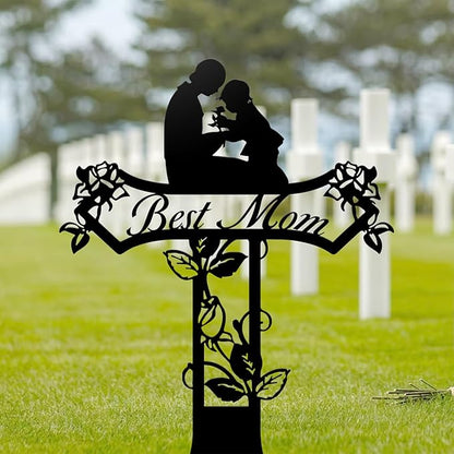 Rustic Metal Cross Memorial Stake, Mom Dad Grave Site Decorations Artificial Flowers for Cemetery, Ideal for Yard, Garden, Lawn & Tombstone, Cemetery Decorations for Grave (Mom)
