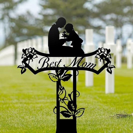 Rustic Metal Cross Memorial Stake, Mom Dad Grave Site Decorations Artificial Flowers for Cemetery, Ideal for Yard, Garden, Lawn & Tombstone, Cemetery Decorations for Grave (Mom)