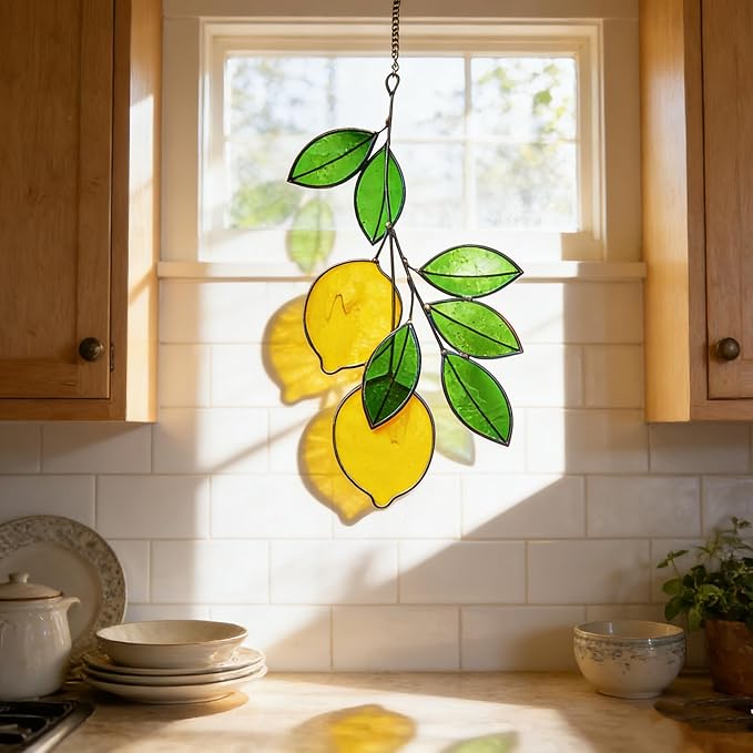 Lemons Leaf Green Artificial Plants, Handcrafted Stained Glass Window Wall Hanging Suncatchers, Fake Plants as Gifts for Houseplant Lovers