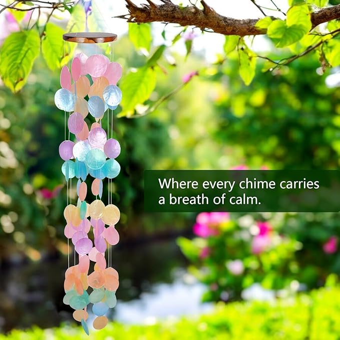 ASTARIN Capiz Shell Wind Chime for Outside 35” Seashell Wind Chimes, Handcrafted Rainbow Capiz Shells Windchime Coastal Style,Unique Outdoor Garden Decor Gift for Women Mother’s Day