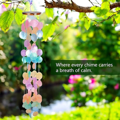 ASTARIN Capiz Shell Wind Chime for Outside 35” Seashell Wind Chimes, Handcrafted Rainbow Capiz Shells Windchime Coastal Style,Unique Outdoor Garden Decor Gift for Women Mother’s Day