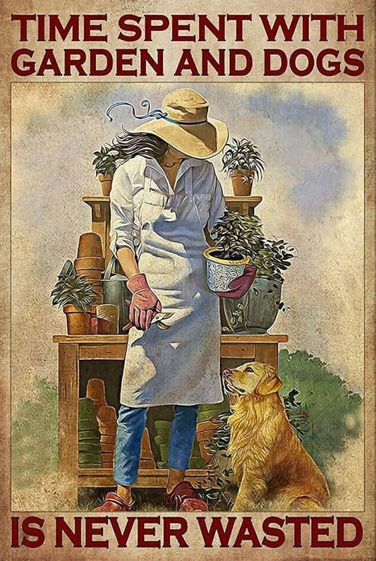 Rustic Metal Tin Signs Vintage Gardening Metal Poster Time Spent With Garden and Dogs is Never Wasted Lovely Girl and Dogs Garden Wall Decor Aluminum Sign Gift for Friends Woman 8x12 Inch Sign