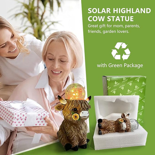 HONGLAND Solar Highland Cow Outdoor Garden Statues, Outside Decor with Color Changing Lights for Yard Lawn Ornaments Porch Patio Balcony Home Farmhouse, Birthday Gifts for Grandma Mom Women