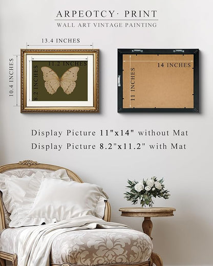 ARPEOTCY Vintage Gold Framed Wall Art, 13x16 inch Classical White Butterfly Paintings, Dark Moody Green Canvas Prints Artwork with Antique Picture Frame, Victorian Wall Decor for Gallery Living Room