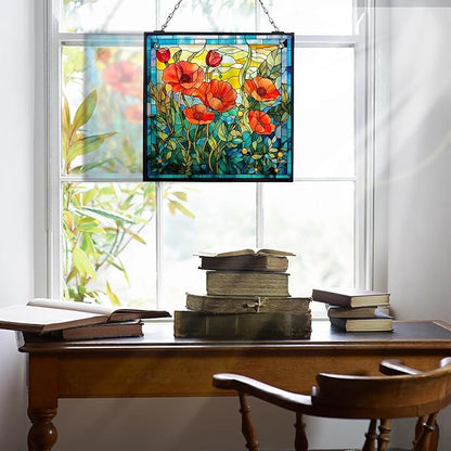 Poppy Hanging Stained Glass Suncatcher for Windows, 20cm/7.87inch Window Suncatcher Hanging Ornaments Wall Art,Hand-Painted Glass Panel Home Decor for Mom Grandma
