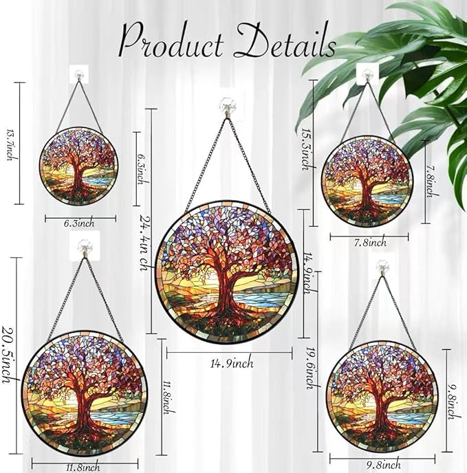 Funoasis Stained Glass Window Hanging 6.3 Inches Suncatcher - The Tree of Life Shines Brightly in The Sunlight Ornaments Sun Catcher Home Decor Women Birthday