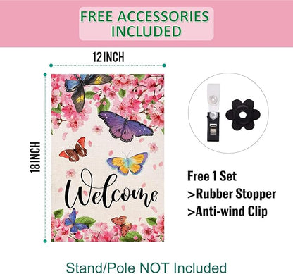 Baccessor Spring Summer Garden Flag Floral Bird Butterfly Flowers Welcome Spring Summer Flag 12.5 x 18 Inch Double Sided Burlap Small Spring Summer Flag for Outside Decor