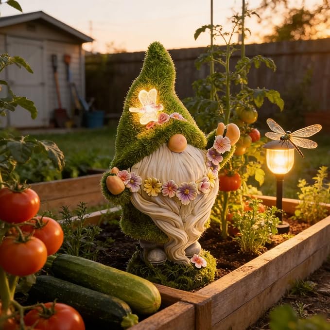 DiliComing Garden Flocked Gnomes Decor for Yard - Artificial Green Moss Gnome Statue with Solar Light, Dwarf Sculpture for Outdoor Patio Porch Lawn Decor, Spring Decorations for Home