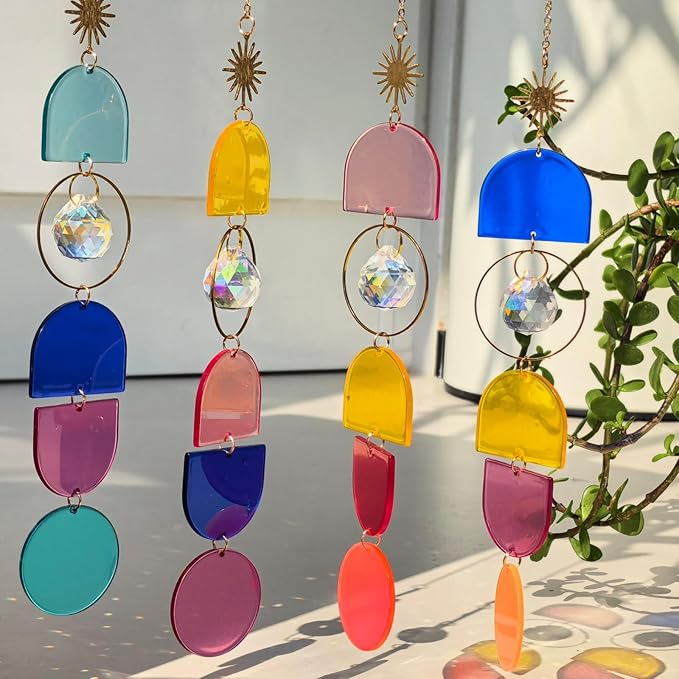 4 Pcs Colorful Acrylic Crystal Suncatchers Window Hanging Decor - Bohemian Crystal Wind Chime for Home, Bedroom, Living Room, Party Decoration