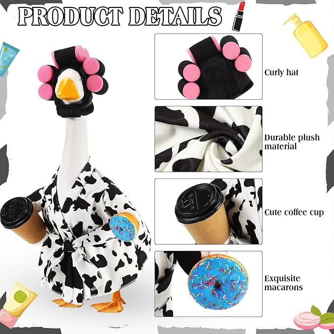 Shyyween Lady Porch Goose Outfit for 23'' Cement Plastic Lawn Goose Statue Clothes Cow Pattern Bathrobe Coffee Cup Curlers for Outdoor Garden Yard Patio Decoration