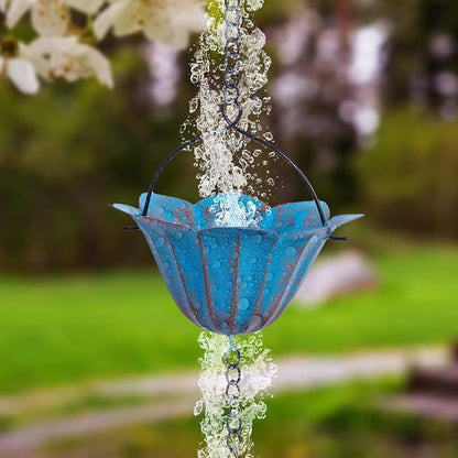 Rain Chains for Gutters, 7.87Ft Hummingbird and Cup Rain Chains for Gutters, Adjustable Rain Chimes for Outside Replacement Downspout for Gutters Eaves Drainage, Blue
