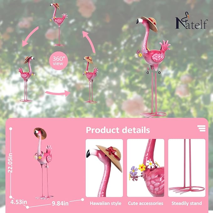 Natelf Flamingo Metal Garden Statue Outdoor Pink Hawaii Flamingo Yard Art Sculpture Decor with Flower Lei & Straw Hat, Waterproof Rust-Proof Lawn Decor for Patio, Poolside, Tropical Party