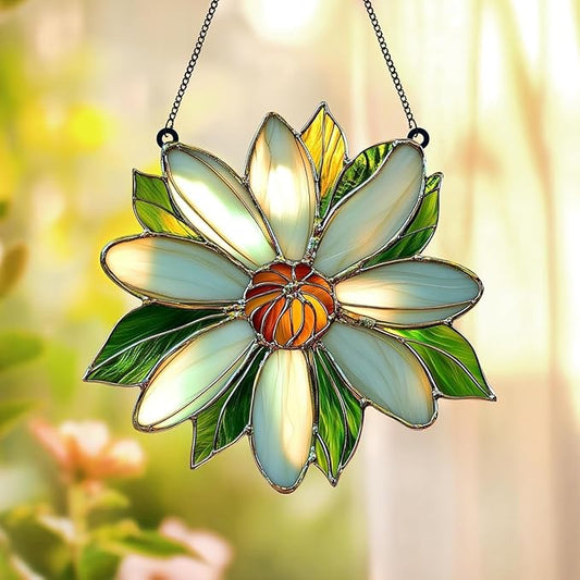 White Daisy Flower Handmade Resin Suncatchers Artisan Sun Catcher Stained Glass Effect Window Hanging Garden Decor for Mom