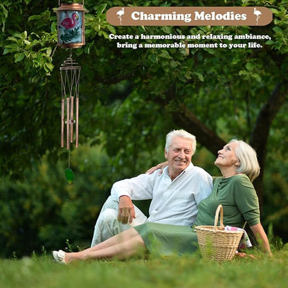 Solar Wind Chimes for Outdoor, Flamingo Garden Decorations Memorial Wind Chimes Deep Tone, Sympathy Windchimes for Outside Garden Décor, Gifts for Mom, Grandma-Flamingo