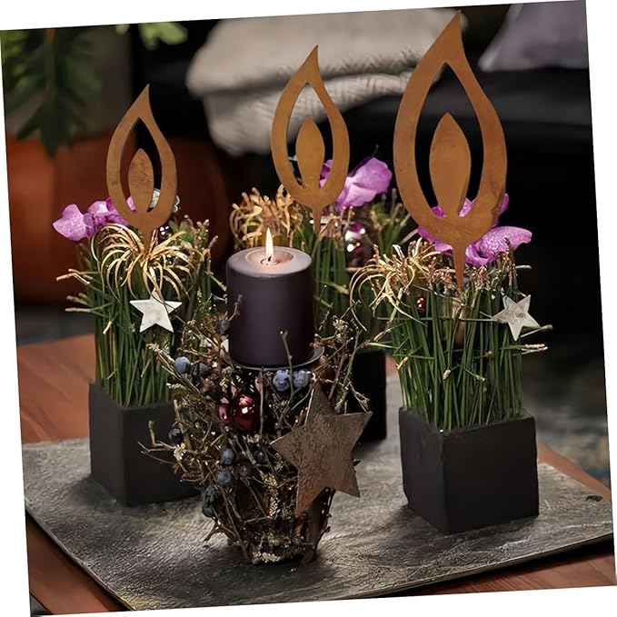 Cabilock 3pcs Metal Candle Flame Stake Rustic Iron Garden Decor for Outdoor Spaces Vintage Aesthetic Lighting for Patios and Gardens Weather-Resistant Design