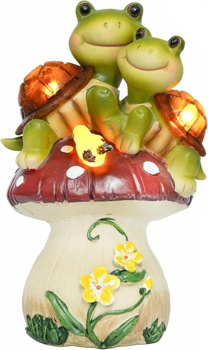 Garden Statues Turtles Outdoor Decor, Resin Turtles Figurines Lights Sculptures with Solar Light, Lovely Turtle with Mushroom for Garden Patio Yard