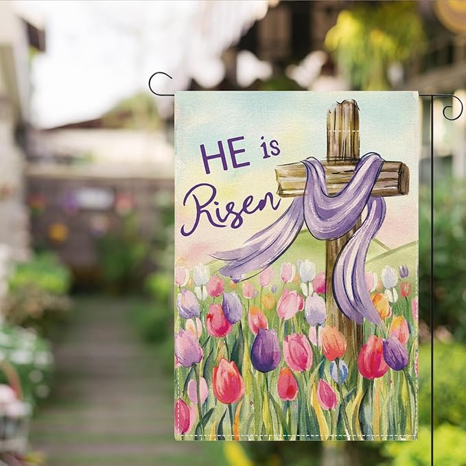 He Is Risen Easter Garden Flag Christian Cross Tulip Easter Garden Flag Decor Spring Double Sided House Flag for Outside Yard Decorations 12×18 Inch