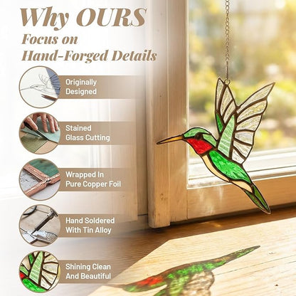 Hummingbird Suncatcher Decor,Handmade Stained Glass Window Hanging Ornament for Spring Summer Home Decor,Mother's Day Housewarming Gifts for Women Mom Birds Lovers