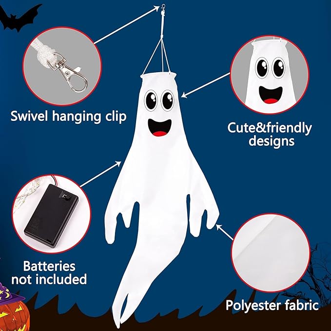 3PCS White Halloween Cute Ghost Windsocks Hanging Decorations - 43 Inch Flag Wind Socks for Home Yard Outdoor Decor Party Supplies (Batteries Not Included,No Timer)