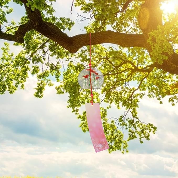 PartyKindom Japanese Glass Wind Chime - Hand-Painted Furin Bell for Outdoor Garden, Patio and Home Decor - Aesthetic Zen Hanging Ornament for Summer Festival, Cherry Blossom Pattern