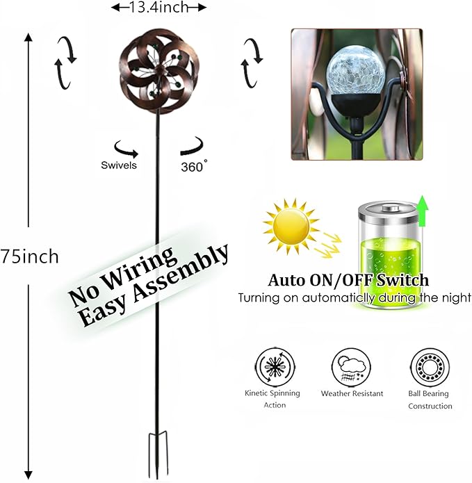 Solar Wind Spinner Improved 360 Degrees Swivel Multi-Color LED Lighting Glass Ball with Kinetic Wind Spinner Vertical Metal Sculpture Stake Construction for Outdoor Yard Lawn & Garden.