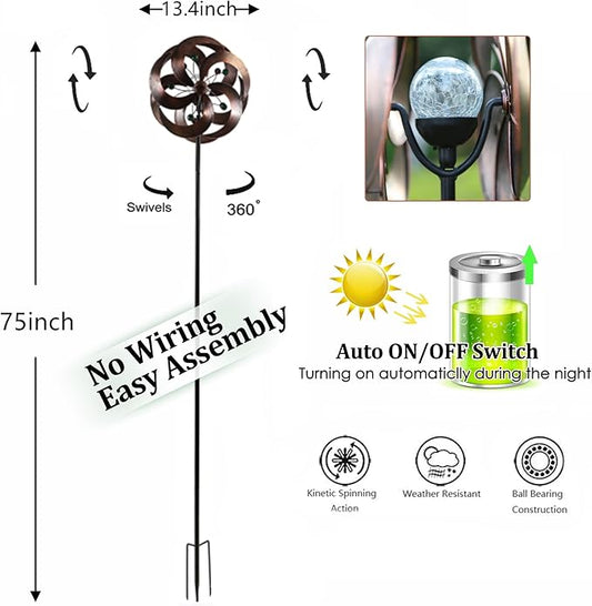 Solar Wind Spinner Improved 360 Degrees Swivel Multi-Color LED Lighting Glass Ball with Kinetic Wind Spinner Vertical Metal Sculpture Stake Construction for Outdoor Yard Lawn & Garden.