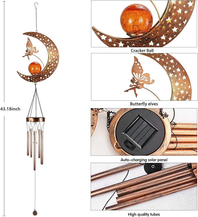 Solar Moon Fairy Wind Chimes Outdoor, Waterproof Moon Wind Bells Light Clearance for Outside, Unique Gifts for Mother's Day, Children's Day, Birthday, Mom, Women, Decor for Garden, Yard, Party