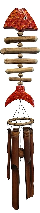Wind Chime Fish Handcrafted Wooden Bamboo Orange Bone Fish Koi Outdoor Garden Decor Gift Idea