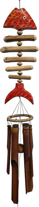 Wind Chime Fish Handcrafted Wooden Bamboo Orange Bone Fish Koi Outdoor Garden Decor Gift Idea