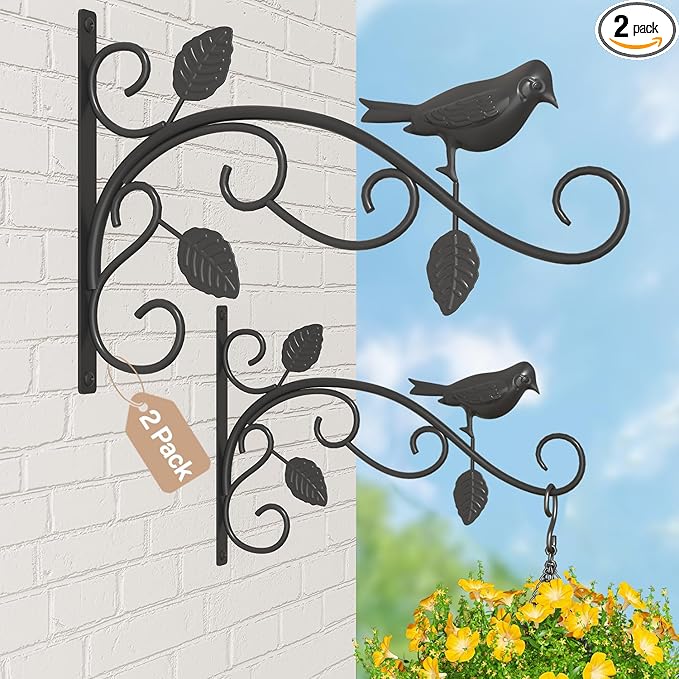 iDavosic.ly Plant Hangers Outdoor 2-Pack, 12 Inch Heavy Duty Iron Wall Brackets for Hanging Plants, Baskets, Bird Feeders, Lanterns, Wind Chimes, Indoor Metal Hooks for Garden Porch Patio, Black