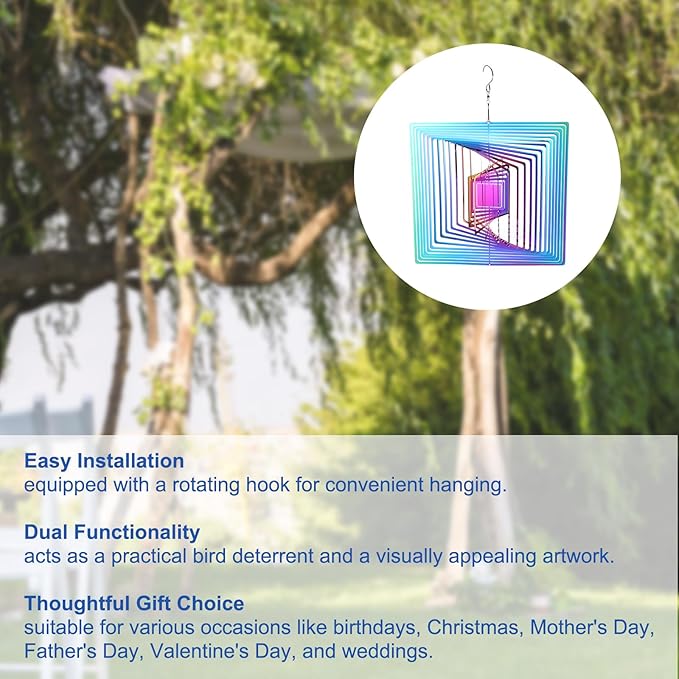 HARFINGTON Wind Spinner Square 9.84" x 13.39" Stainless Steel Reflectors Wind Chimes for Outdoor Devices Metal Decorations Keep Birds Away Yard Garden, Blue/Purple