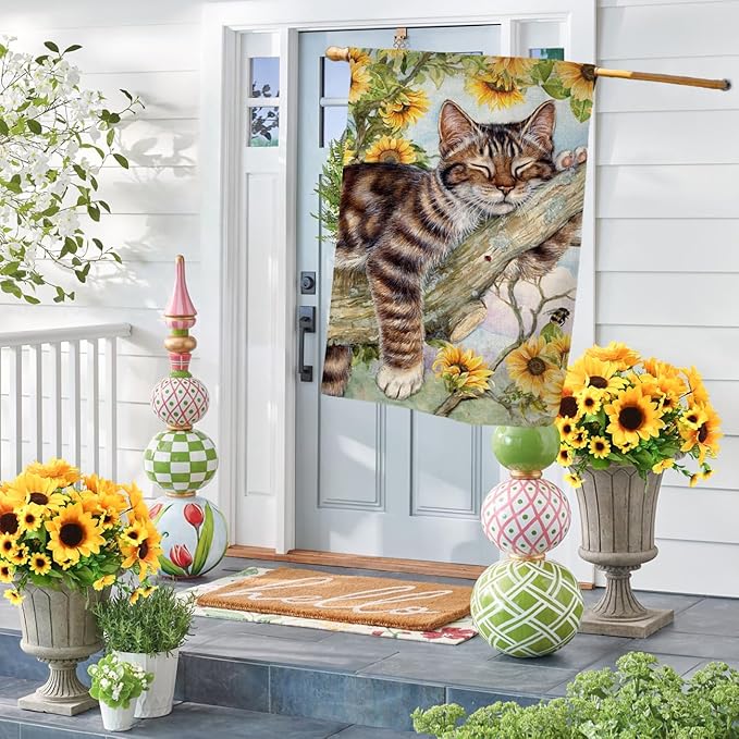BLKWHT Summer Cat House Flag 28 x 40 Vertical Double Sided Yellow Sunflower Spring Farmhouse Holiday Outside Decorations Burlap Yard Flag BW640-40